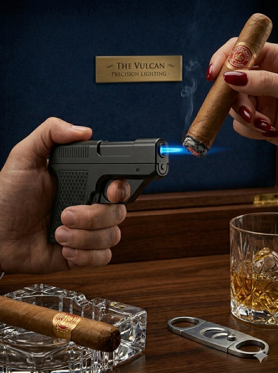 FOCUS lighter precision-lighting a premium cigar with whisky nearby